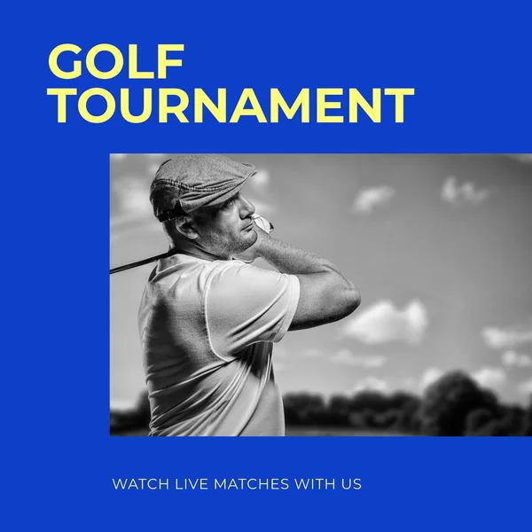 Image of golf tournament text over caucasian male golf player and clouds. Golf tournament and sport concept digitally generated image.