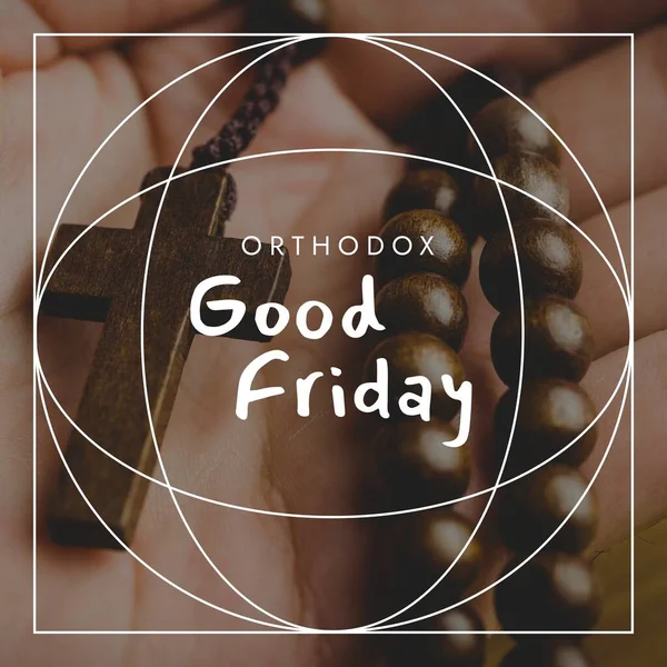 Composite Orthodox Good Friday Text Geometric Shapes Hand Holding Rosary — Stock Photo, Image