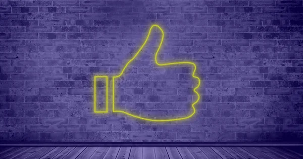 Состав Желтого Неонового Контура Большого Пальца Фиолетовом Фоне Глобальные Социальные — стоковое фото