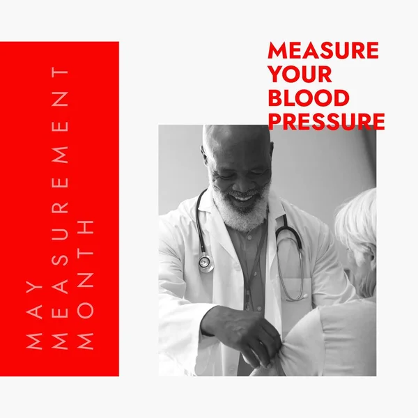 血圧を測定するアフリカ系アメリカ人男性医師の測定月のテキストの構成 5月の測定月と医療の概念デジタル生成画像 — ストック写真