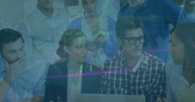 Animation of financial data processing over team of diverse colleagues discussing together at office. Global finance and business technology concept