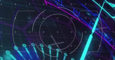 Yuvarlak tarayıcı üzerinden tarama ve kara arkaplan ile veri işleme animasyonu. Bilgisayar arayüzü ve iş teknolojisi kavramı