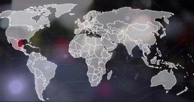 Bağlı noktaların animasyonu, altıgen desenler, arka planda çözülmüş şehrin haritası. Dijital bileşik, çoklu pozlama, küresel, iletişim, soyut ve teknoloji kavramı.