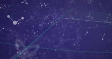 Mavi zemin üzerinde dönen dünya üzerindeki bağlantılar ve moleküler yapıların animasyonu. Küresel ağ ve iş teknolojisi kavramı