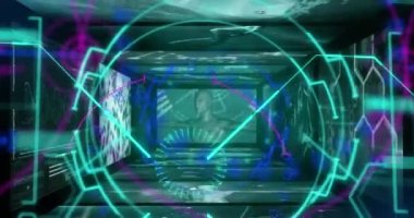 Aydınlatılmış dairelerin ve çizgilerin çoklu tıbbi arayüz ekranları üzerinden canlandırılması. Dijital olarak üretilen hologram, illüstrasyon, molekül, DNA sarmalları, sağlık ve teknoloji konsepti.