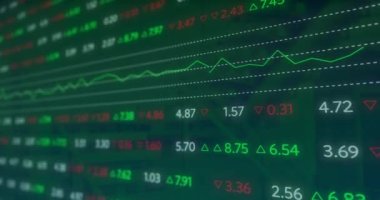 Animation of stock market data processing against tall building. Global economy and business technology concept