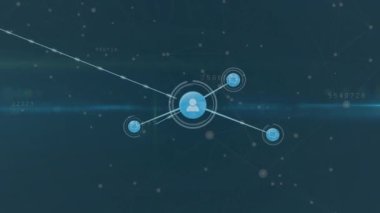 Dijital simgelerin, parlayan ışık yollarının ve mavi arkaplandaki ışık noktalarının animasyonu. Küresel ağ ve iş veri depolama teknolojisi kavramı