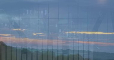 Günbatımı gökyüzü ve ormanın hava manzarası üzerinden istatistiksel veri işleme animasyonu. Bilgisayar arayüzü ve iş veri teknolojisi kavramı