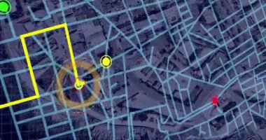 Şehir manzarası ve bağlantıların animasyonu. Küresel ağlar, hesaplama, dijital arayüz ve veri işleme kavramı dijital olarak oluşturuldu.