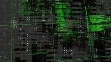 Gri arkaplandaki satır noktalarıyla şebeke üzerinden veri işleme animasyonu. Bilgisayar arayüzü ve iş teknolojisi kavramı