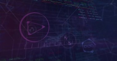 Borsa veri işleme sisteminin animasyonu ve mor arka planda dijital simgelerin ağı. Küresel ekonomi ve iş ağı teknolojisi kavramı