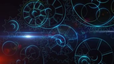 Dönen dişlilerin ve veri işlemenin animasyonu. Küresel ağlar, işletmeler, finansmanlar, hesaplama ve veri işleme kavramı dijital olarak oluşturuldu.