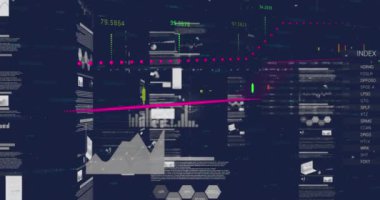 Siyah arkaplana karşı istatistiksel ve finansal veri işleme ekranlarının animasyonu. Küresel finans ve iş veri teknolojisi kavramı