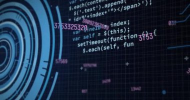 Yuvarlak tarayıcı, veri işleme ve mikroişlemci bağlantıları üzerinden numaraları değiştirme animasyonu. Bilgisayar arayüzü ve iş teknolojisi kavramı