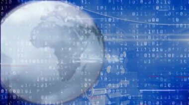 Mavi zemin üzerinde dönen dünya üzerinde arıza etkisi ve ikili kodlama veri işleme animasyonu. Küresel ağ ve iş arayüzü teknolojisi kavramı
