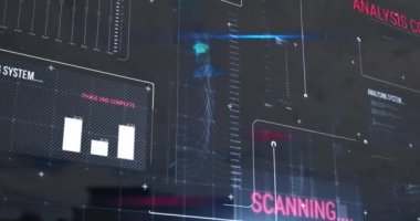Veri işleme ile arayüzün animasyonu ve yüksek binaya karşı mavi ışık noktası. Bilgisayar arayüzü ve iş teknolojisi kavramı