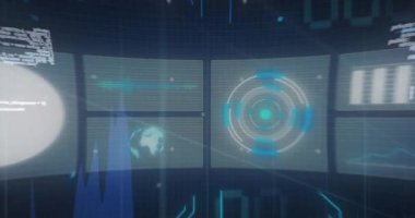 Siyah arkaplan üzerinde veri işleme yapan ekranların animasyonu. Bilgisayar arayüzü ve iş teknolojisi kavramı