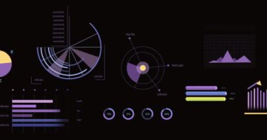 Siyah arkaplan üzerinde istatistik, grafik ve finansal veri işleme animasyonları. Küresel iş, finans, hesaplama ve veri işleme kavramı dijital olarak oluşturulmuş video.