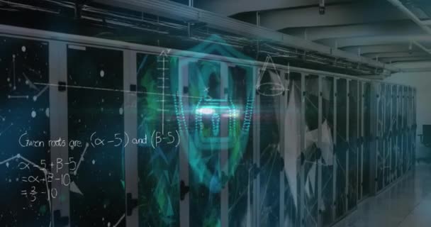 サーバールーム上のプレキシスネットワークに対するセキュリティ南京錠と数式のアニメーション コンピュータインターフェイスとビジネスデータストレージ技術の概念 — ストック動画