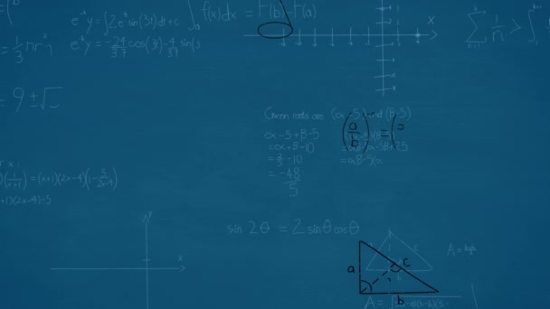 Animação Equações Matemáticas Diagramas Flutuando Contra Fundo Azul Conceito Tecnologia — Vídeo de Stock
