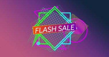Mor zemin üzerinde flaş satışı metni ve neon şekillerinin bileşimi. Perakende satış, ticaret, ağlar ve dijital olarak oluşturulan iletişim konsepti.