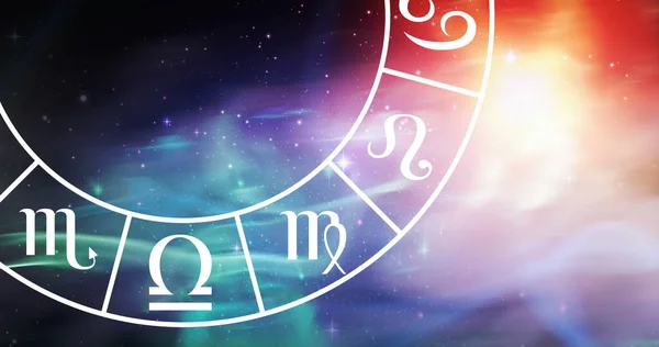 Skład Znaku Zodiaku Koło Przestrzeń Kopiowania Nad Gwiazdami Koncepcja Astrologii — Zdjęcie stockowe