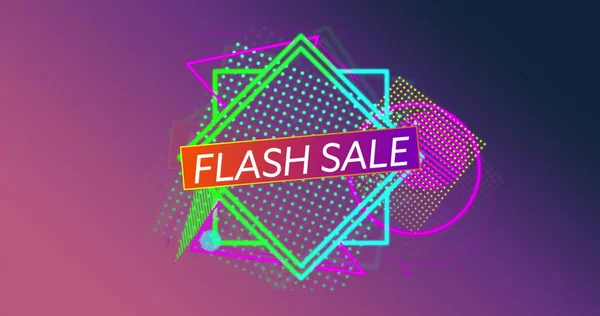 Composition of flash sale text and neon shapes on purple background. Retail, sales, business, networks and communication concept digitally generated image.