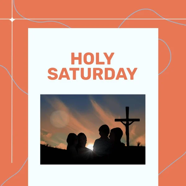Composite of silhouette family and cross with holy saturday text and scribbles on peach background. Copy space, love, together, christianity, ends of lenten season, tradition and commemoration.