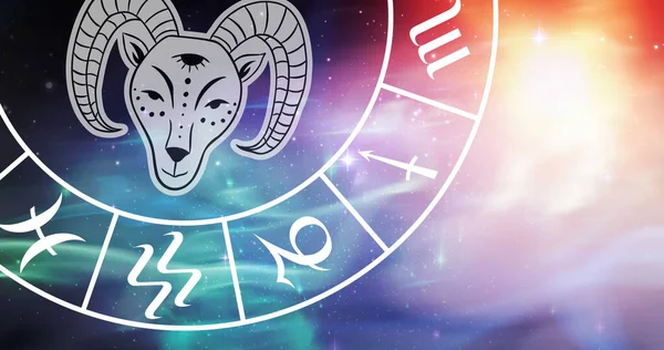 Samenstelling Van Zodiak Wiel Met Aries Sterrenbeeld Boven Sterren Astrologie — Stockfoto