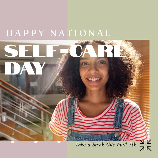 아프리카 미국인 여성에 전국적 자기보살핌의 텍스트의 National Self Care Day — 스톡 사진