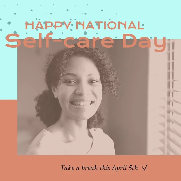 Composition of happy national self-care day text over african american woman. National self-care day concept digitally generated image.