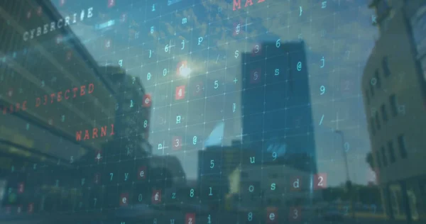 Bild Der Datenverarbeitung Und Des Hacking Von Texten Über Stadtbild — Stockfoto