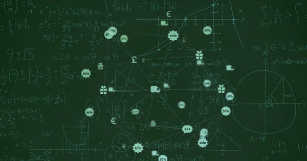 Изображение Сети Связей Иконками Над Математическими Уравнениями Черном Фоне Глобальные — стоковое фото