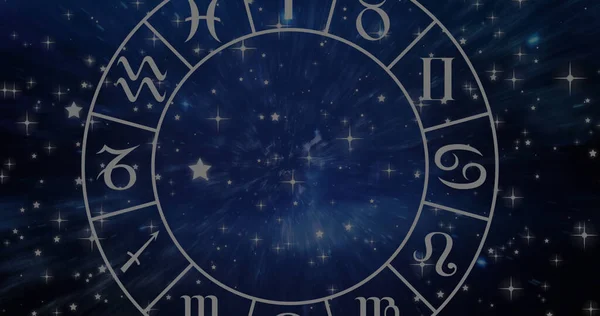 黄道带星形标志轮的组合 星上有复制空间 占星术 占星术和黄道带星座概念数字生成的图像 — 图库照片
