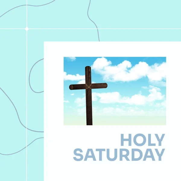 曇り空に対するクロスと青の背景にスクリブルと神聖な土曜日のテキストの複合体 コピースペース キリスト教 学期の終わり 伝統と記念コンセプト — ストック写真