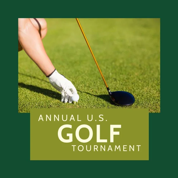 Image of annual us golf tournament text over caucasian male golf player on golf course. Annual us golf tournament and sport concept digitally generated image.