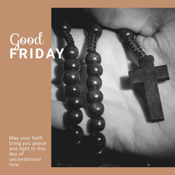 Image of good friday text over hand holding rosary with cross and bible. Good friday, faith and celebration concept digitally generated image.