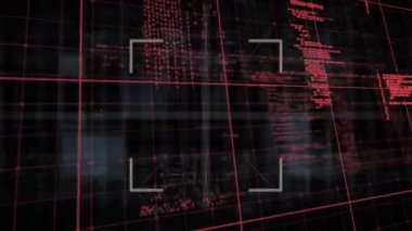 Şebeke ağının animasyonu ve kara arkaplan ile veri işleme üzerinde tarama. Bilgisayar arayüzü ve iş teknolojisi kavramı