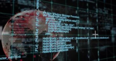 Animation of network of connections and data processing over spinning globe against black background. Global networking and business technology concept