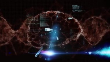 Mavi ışığa karşı insan beyninin dönen simgelerinin üzerinde veri işleme animasyonu. Tıbbi araştırma ve iş teknolojisi kavramı