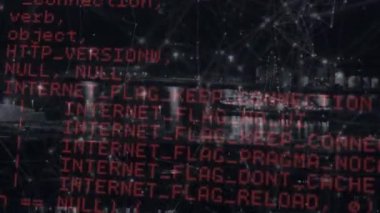 Veri işleme, şehir manzarası ve bağlantıların animasyonu. Küresel ağlar, hesaplama, dijital arayüz ve veri işleme kavramı dijital olarak oluşturuldu.