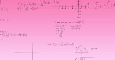 Pembe gradyan zeminde yüzen matematiksel denklemlerin ve diyagramların animasyonu. Okul ve eğitim kavramı