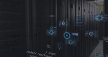 Sunucu odasına karşı yuvarlak tarayıcıların, veri işleme ve matematiksel denklemlerin animasyonu. Bilgisayar arayüzü ve iş veri depolama teknolojisi kavramı