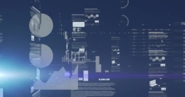 Mavi arkaplandaki ışık noktasıyla istatistiksel veri işleme yapan ekranların animasyonu. Bilgisayar arayüzü ve iş veri teknolojisi kavramı