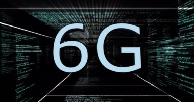 6G metin ve bilgisayar veri işleme animasyonu. Küresel ağlar, hesaplama, dijital arayüz ve veri işleme kavramı dijital olarak oluşturuldu.