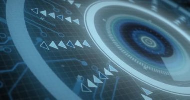 Yuvarlak tarayıcı ve mikroişlemci bağlantıları ile mavi arkaplan arasındaki arayüzün animasyonu. Bilgisayar arayüzü ve iş teknolojisi kavramı