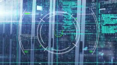 Bilgisayar sunucu odasındaki veri işleme taramasının animasyonu. Bilgisayar arayüzü ve iş veri depolama teknolojisi kavramı