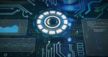 Yuvarlak tarayıcı ile arayüzün animasyonu ve bir bilgisayar sunucusunun kapatılması ile veri işlemesi. Bilgisayar arayüzü ve iş veri depolama teknolojisi kavramı