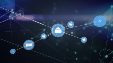 Mavi arka planda parlayan ışık izi üzerinde dijital simge ağının animasyonu. Küresel ağ ve iş teknolojisi kavramı