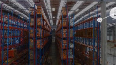 Animation of network of digital icons against aerial view of warehouse. Global networking and logistics business technology concept